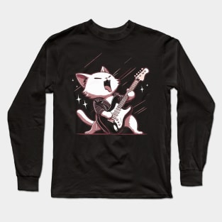 Funny Kawaii Cat Playing on electric guitaR Long Sleeve T-Shirt